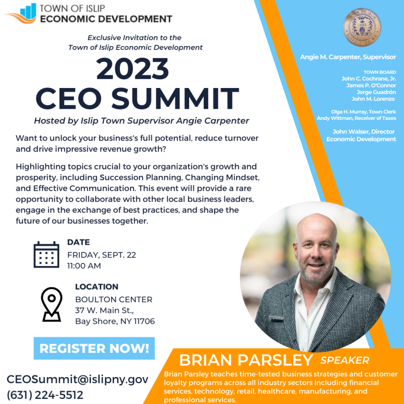 Flyer for CEO Summit, date 9/22/23, Time: 11:00am, at Bay Shore Boulton Center